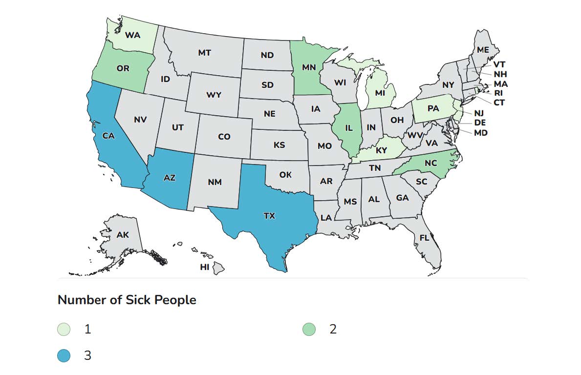 CDC case count map with cases in Arizona, California (2), Illinois (2), Kentucky, Michigan, Minnesota, New Jersey, North Carolina, Oregon, Pennsylvania, Rhode Island, and Texas (2)