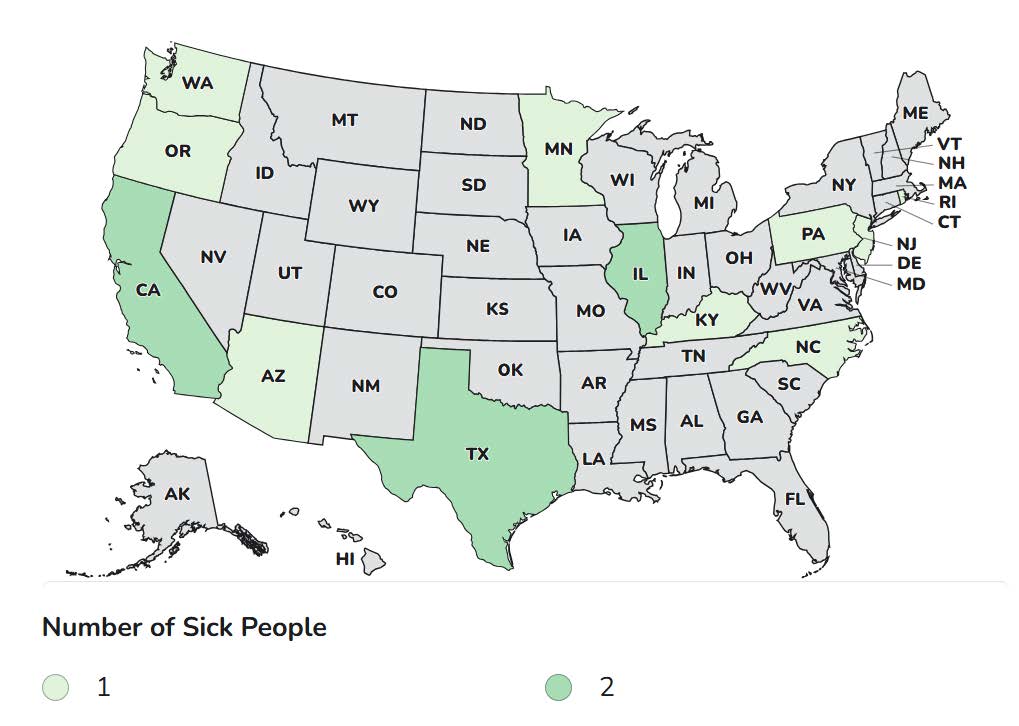 CDC case count map with cases in Arizona, California (2), Illinois (2), Kentucky, Minnesota, New Jersey, North Carolina, Oregon, Pennsylvania, Rhode Island, and Texas (2)