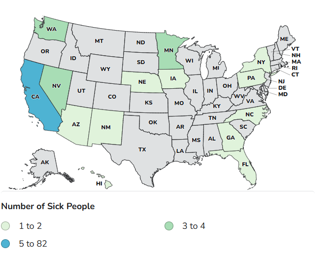 Case Count Map Provided by CDC Outbreak Map 08.28.2025