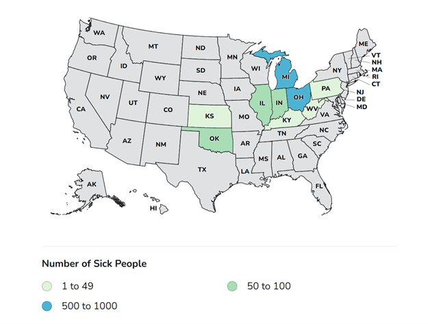 CDC Case Count Map - Cyclospora July 24, 2026
