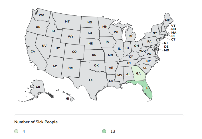 CDC Case Count Map for the Outbreak Investigation of E. coli O145:H28  Related to Frozen Blueberries - September 1, 2026