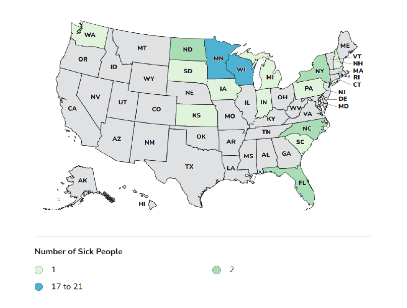 CDC Case Count Map for the Outbreak Investigation of Shiga Toxin-producing E. coli & Salmonella Related to Sprouts (August 21, 2026)