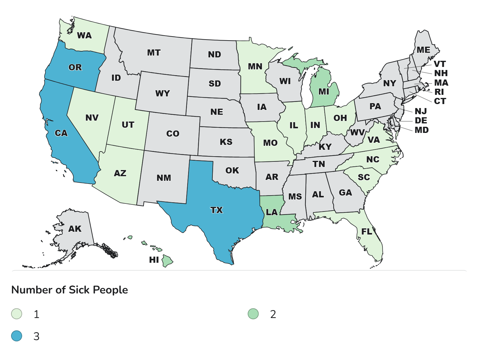 Case Count Map Provided by CDC: Image includes map of the United States of America with the following states highlighted as having cases in this outbreak: California, Florida, Hawaii, Illinois, Indiana, Louisiana, Michigan, Minnesota, Missouri, North Carolina, Nevada, Ohio, Oregon, South Carolina, Texas, Utah, Virginia, Washington