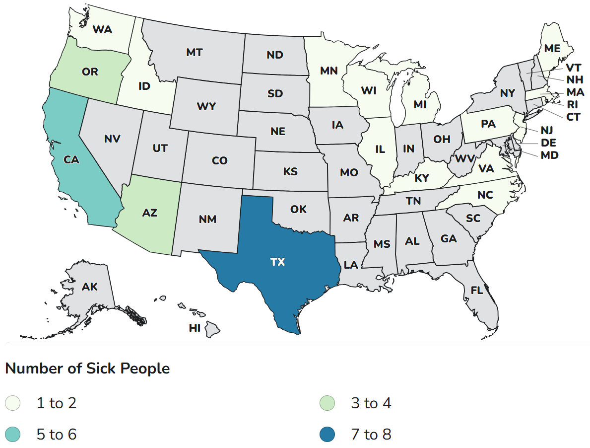 CDC case count map with cases in Arizona, California (2), Illinois (2), Kentucky, Michigan, Minnesota, New Jersey, North Carolina, Oregon, Pennsylvania, Rhode Island, and Texas (2)