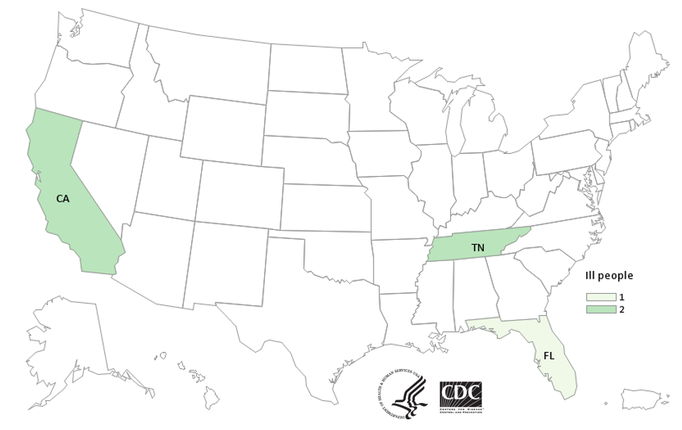 Case Count Map Provided by CDC - Salmonella Duisburg  - Cashew Brie Products
