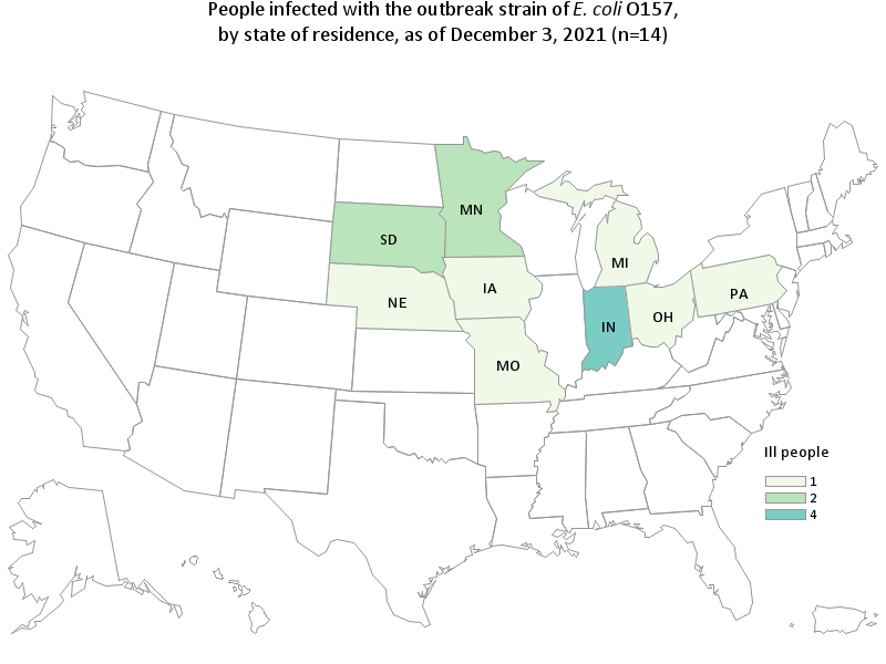 Outbreak Investigation of E. Coli O157:H7 in Spinach: Case Count Map Provided by CDC (December 3, 2021)