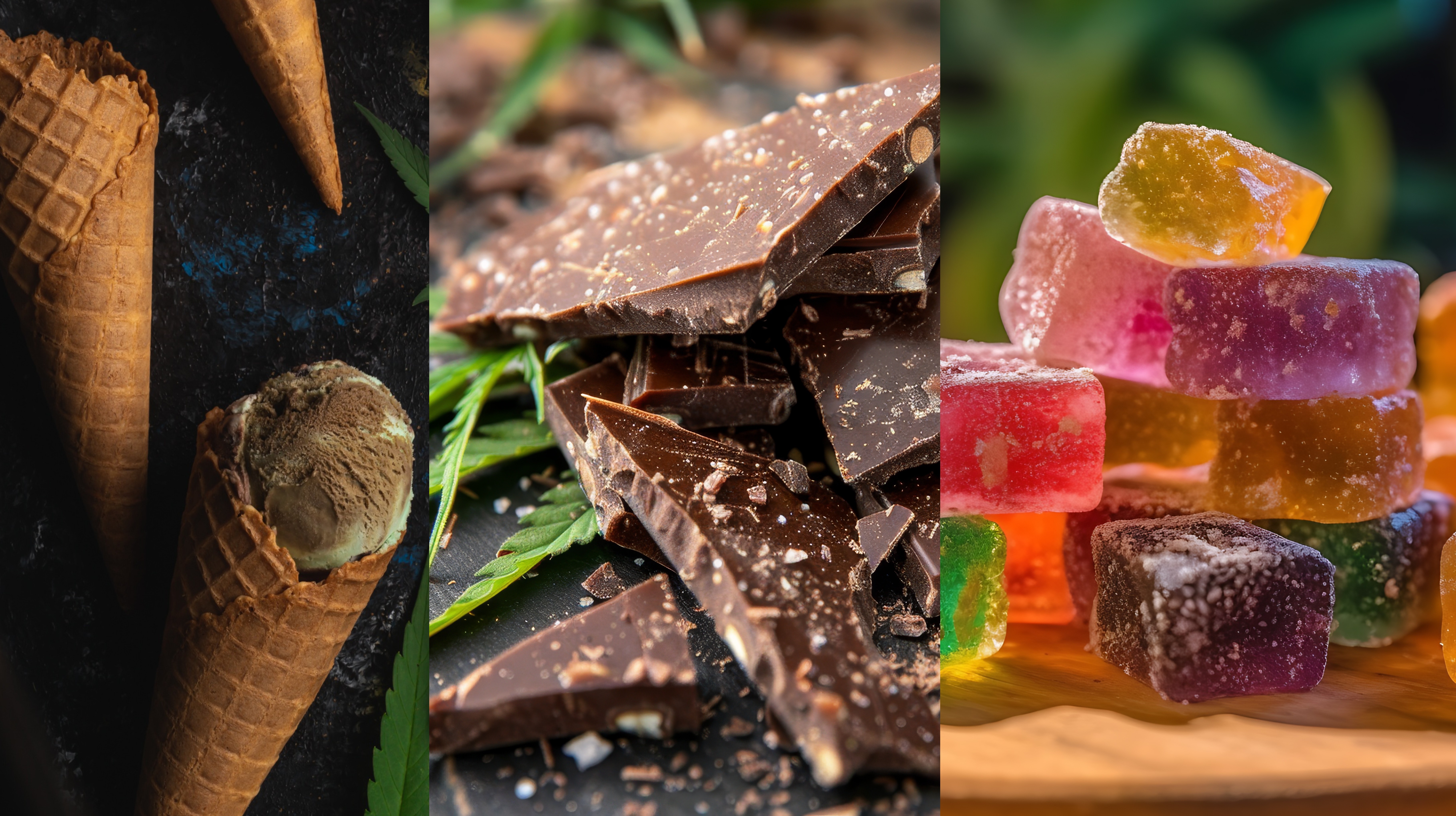 Graphic illustration including chocolate bar, cone, and gummy.
