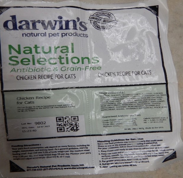 Photo of product label for Darwin's Natural Selections Antibiotic & Grain-Free Chicken Recipe for Cats, with the lot code 9802.