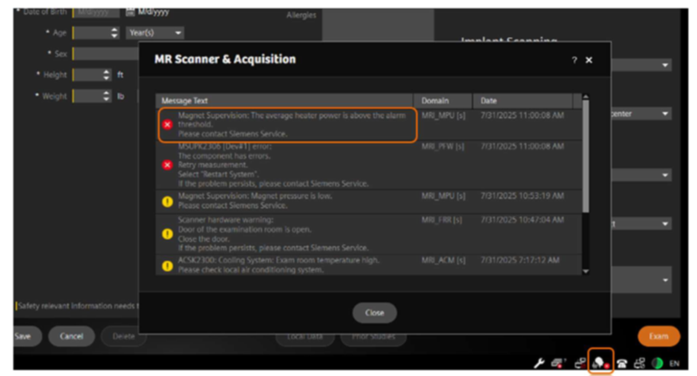  Device error message: Magnet Supervision: The average heater power is above the alarm threshold. Please contact Siemens Healthineers Service.