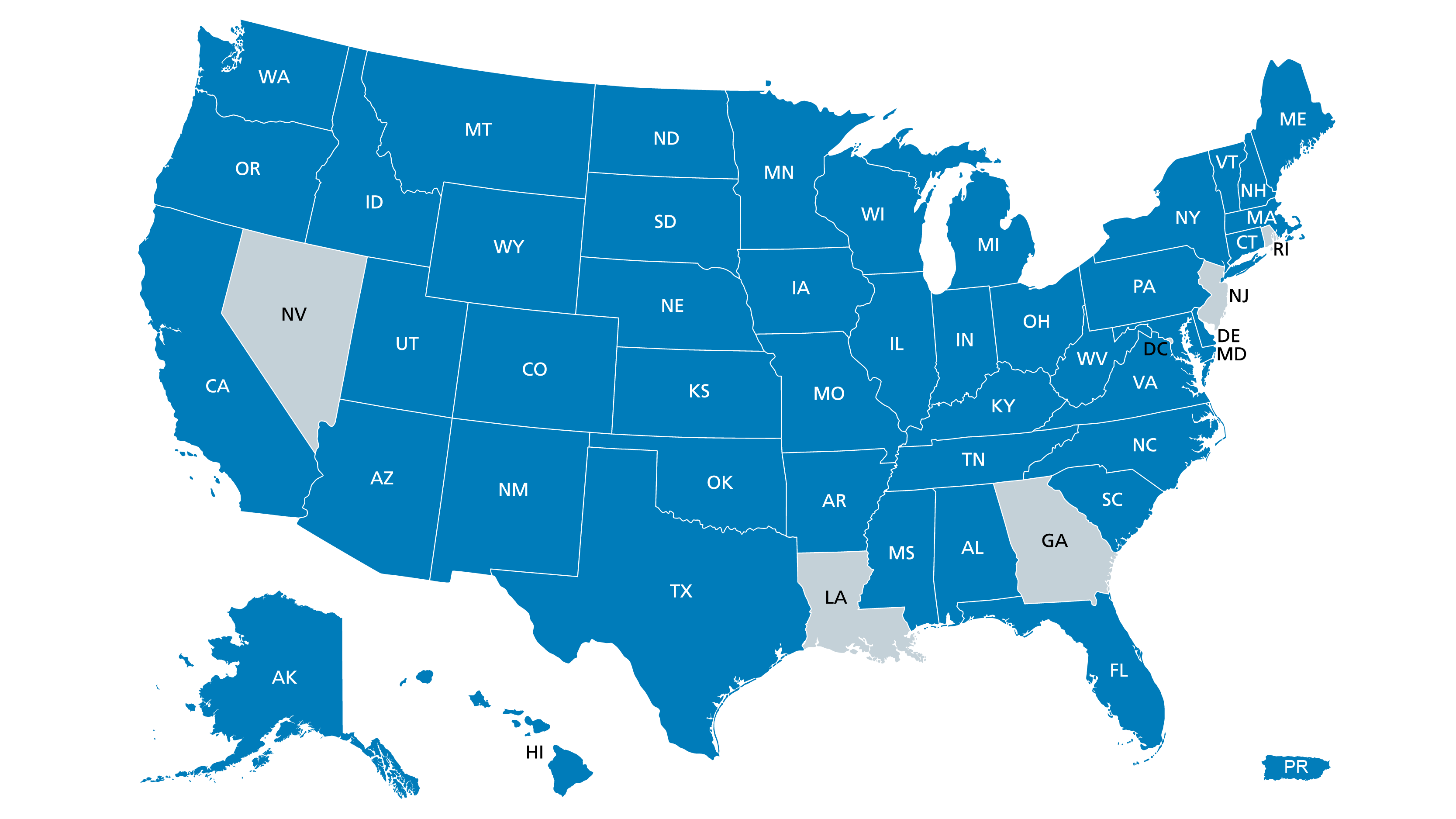 Map of the U.S. highlighting states with cases in the following states: AK, AL, AR, AZ CA, CO, CT, DE, FL, HI, IA, ID, IL, IN, KS, KY, MA, MD, ME, MI, MN, MO, MT, MS, NC, ND, NE, NH, NM, NY, OH, OK, OR, PA, TN, SC, SD, TX, UT, VA, VT, WA, WI, WV, WY, and Puerto Rico