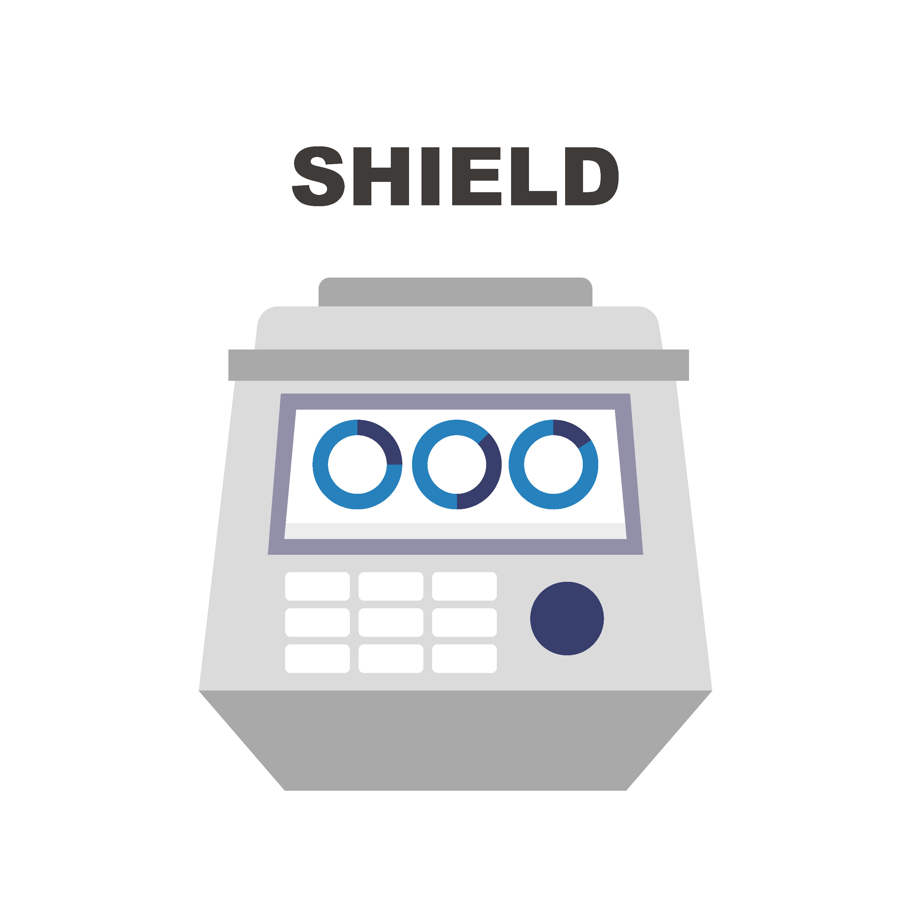Illustration of a piece of clinical laboratory equipment, under the word SHIELD, which stands for Systemic Harmonization and Interoperability Enhancement for Laboratory Data.