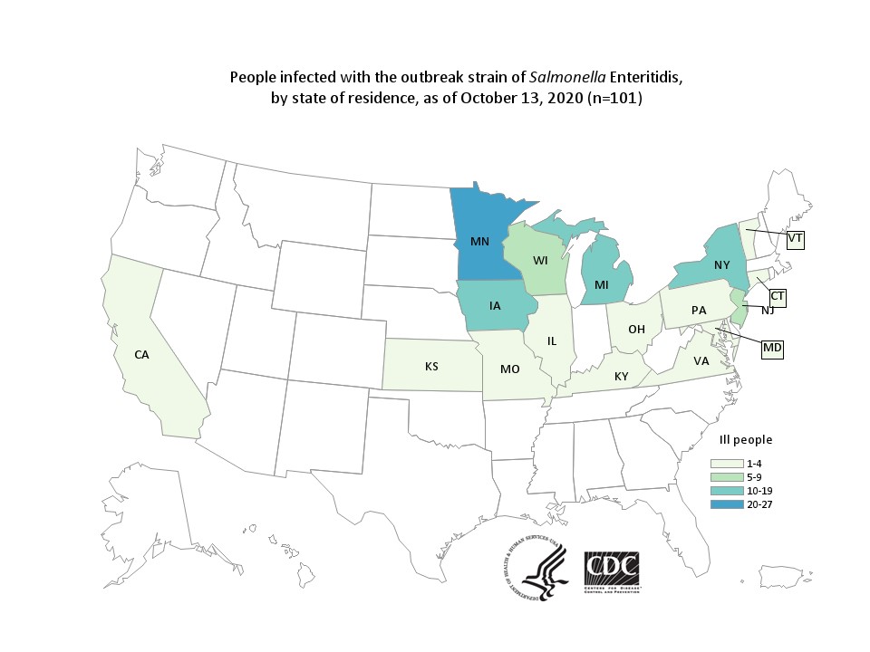 Outbreak Investigation of Salmonella Enteritidis in Peaches - Case Count Map from CDC 10/14/2020