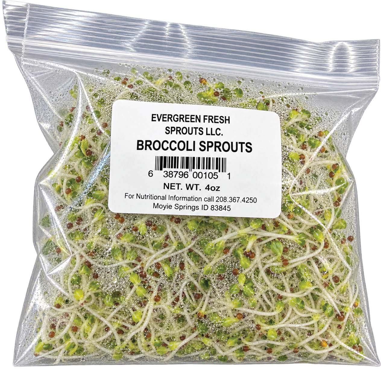 EVERGREEN FRESH SPROUTS LLC. BROCCOLI SPROUTS NET. WT. 4oz For Nutritional Information call 208-287-4258 Moyie Springs ID 83845
