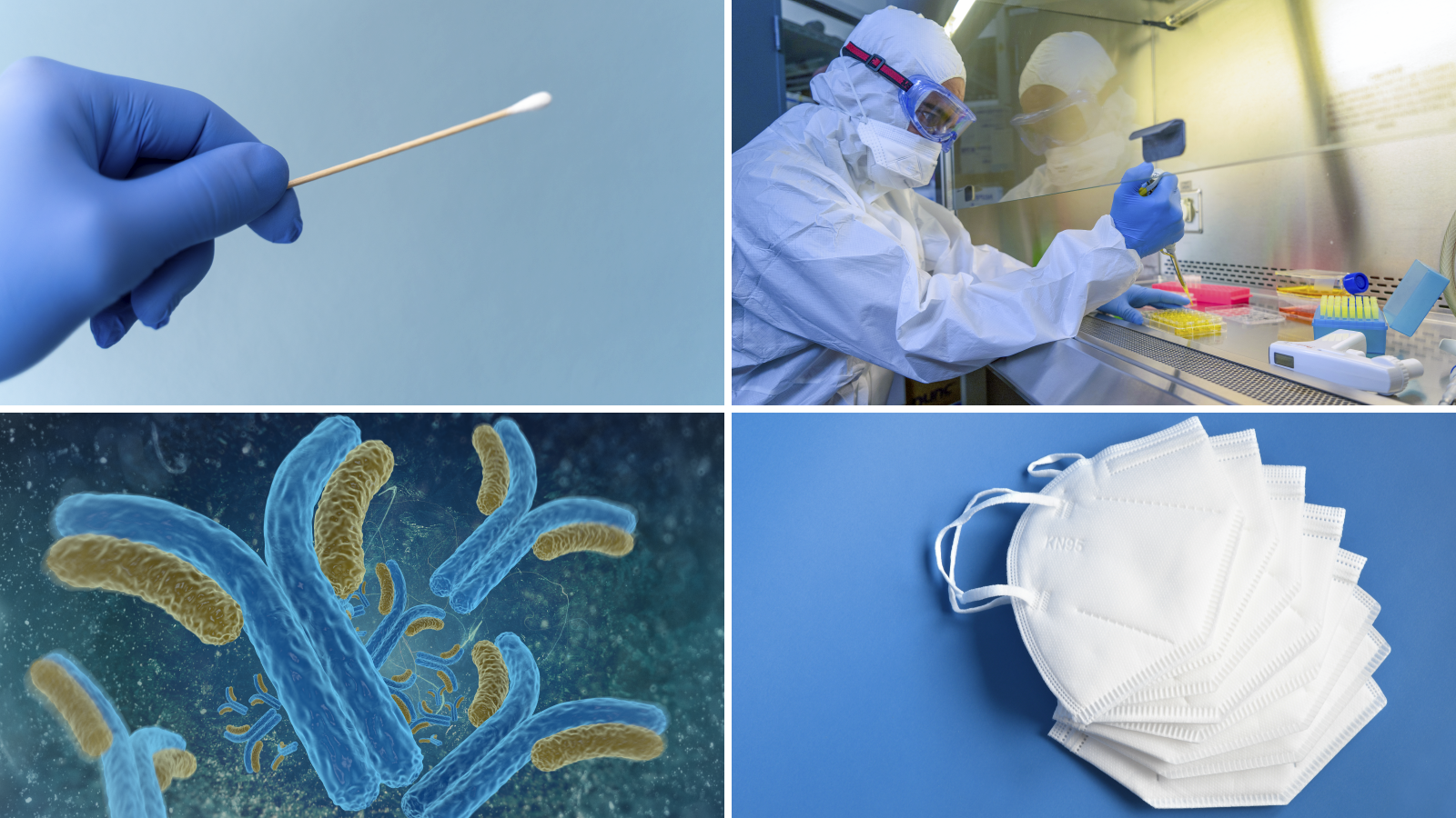 CDRH EUA Improvements Image collage - gloved hand holding swab, lab technician testing COVID samples, detailed image of microbes, collection of N95 masks