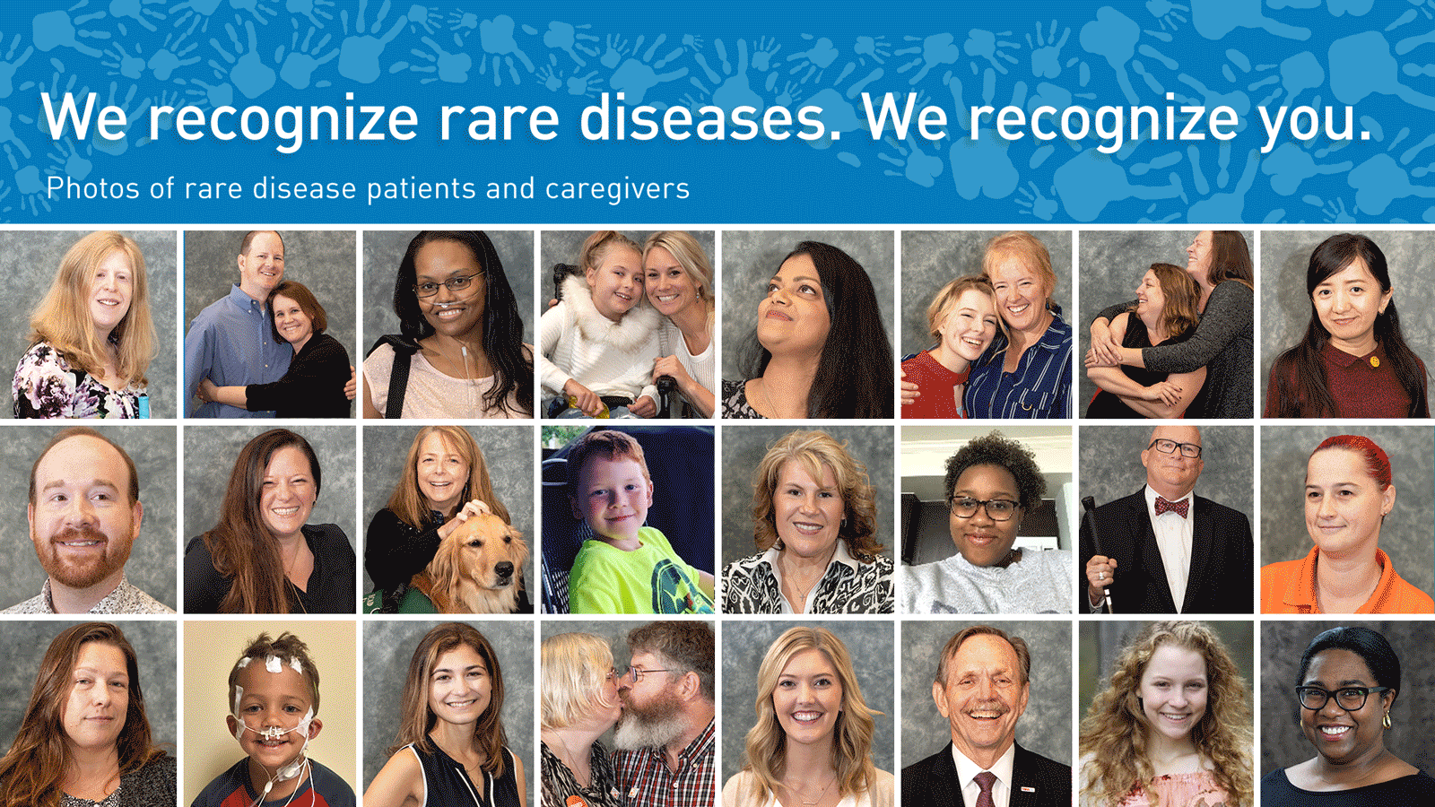 24 portraits of smiling patients with rare diseases and caregivers in a grid and a banner across the top with a pattern of interconnected handprints behind animated text that reads "We recognize rare diseases. We recognize you." and "Photos of rare disease patients and caregivers."  followed by "Save the Date: Feb. 24, 2020  - FDA's Rare Disease Day public meeting to support medical product development for rare diseases."