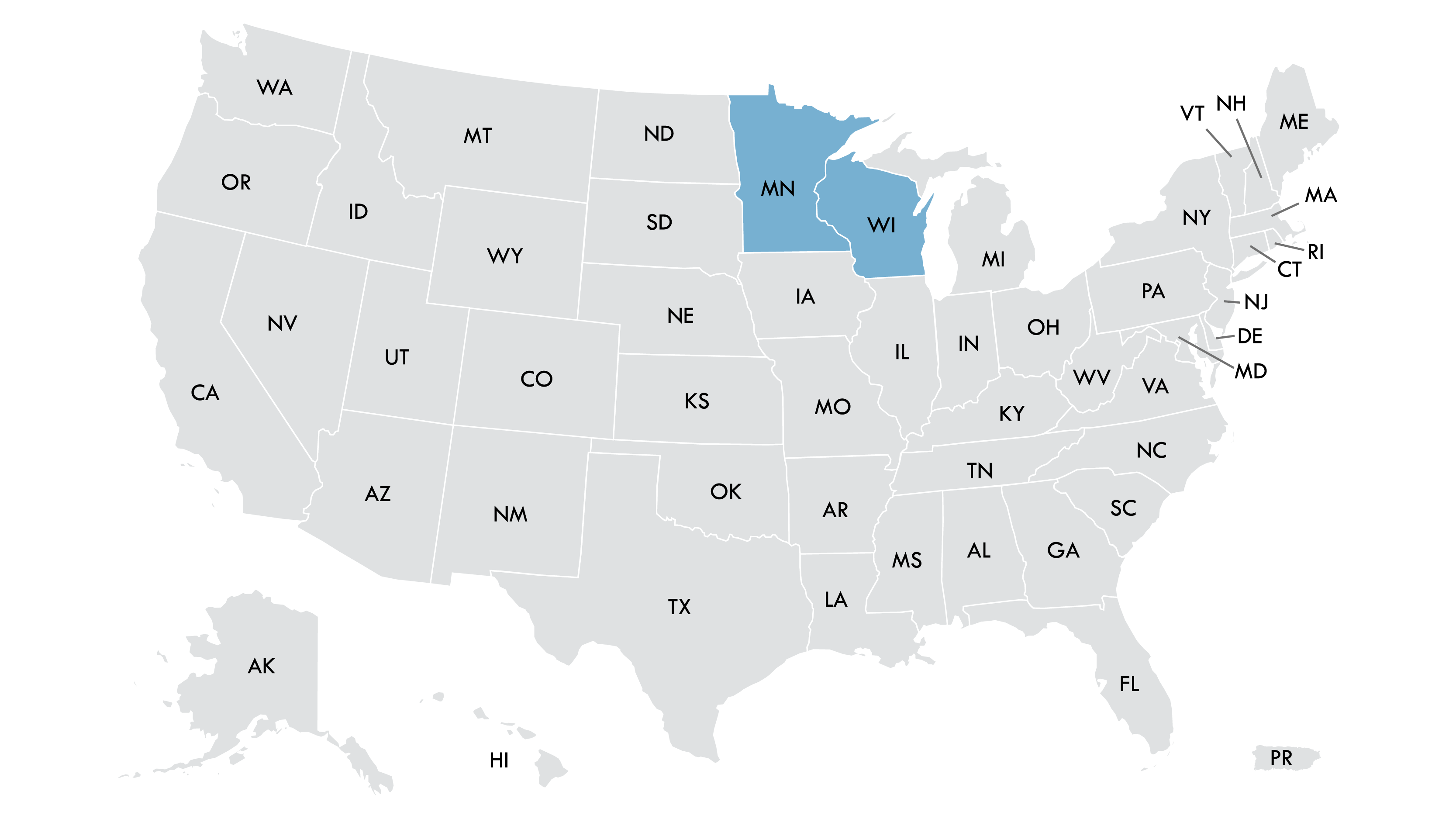 FDA product distribution map. Map of the United States showing product distribution in Minnesota and Wisconsin, highlighted in blue. All other states are shown in gray.