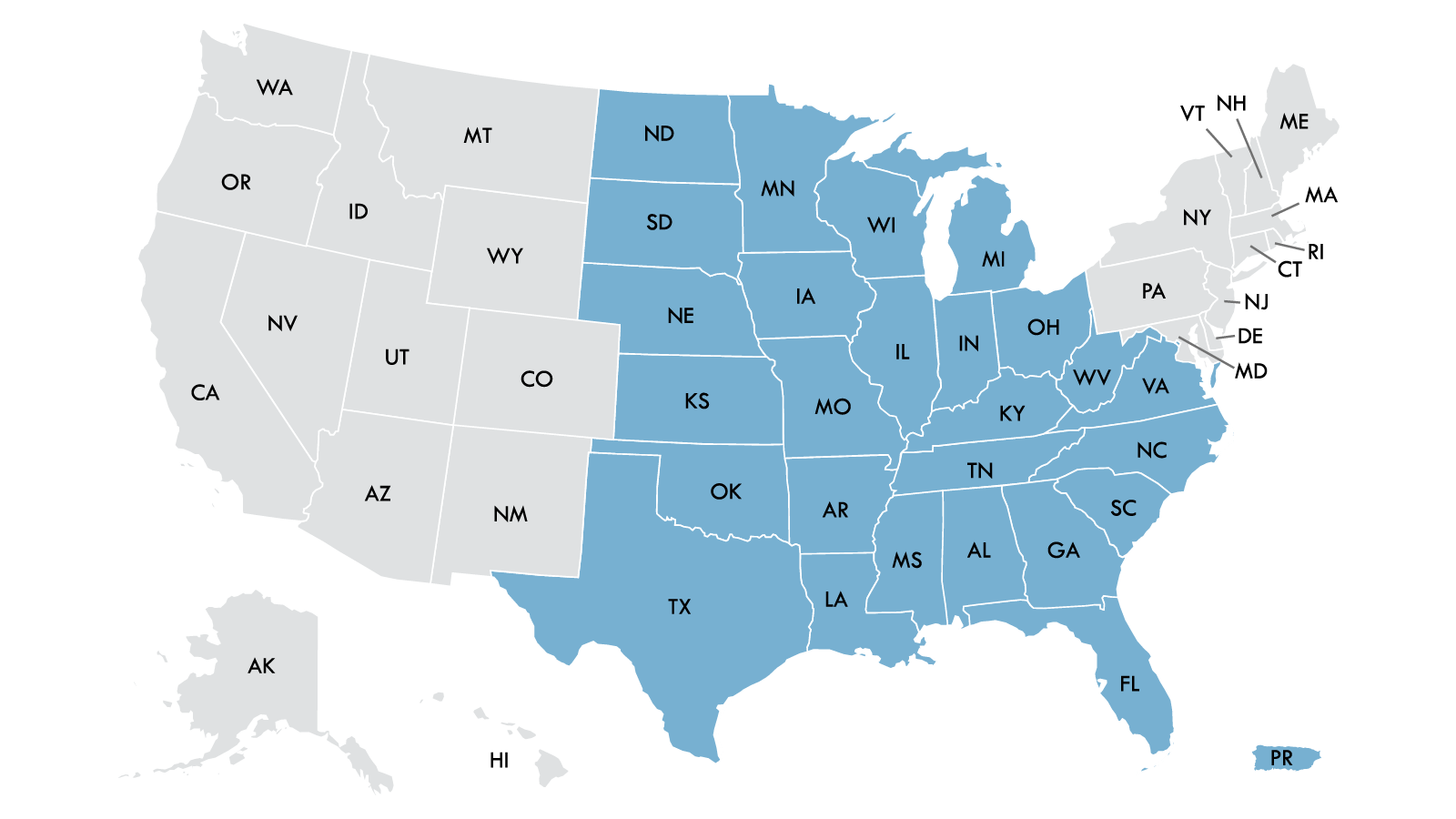 Product distribution map shows recalled product was distributed to Alabama, Arkansas, Florida, Georgia, Illinois,Indiana, Iowa, Kansas, Kentucky, Louisiana, Michigan, Minnesota, Mississippi, Missouri, Nebraska, North Carolina, North Dakota,Ohio, Oklahoma, South Carolina, South Dakota, Tennessee, Texas, Virginia, West Virginia, Wisconsin, and Puerto Rico. 