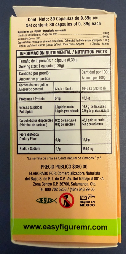 Image of Easy Forte Natural Fiber dietary supplement back label.