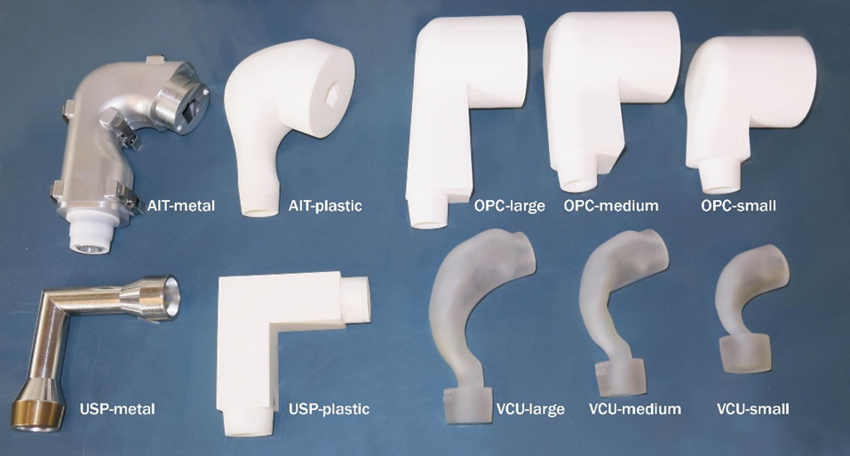 Figure 1: Mouth throat (MT) models used in the study. AIT: Alberta Idealized Throat; OPC: Oropharyngeal Consortium; USP: United States Pharmacopoeia; VCU: Virginia Commonwealth University.