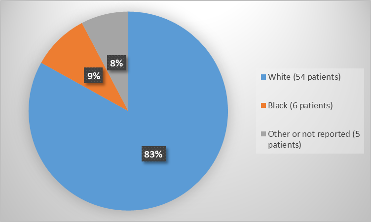 Pie chart summarizing how many White, Black,  other patients were in the clinical trial.  In total, 54 (83%) white patients, 6(9%) black patients, and 5(8%),  Other patients participated in the clinical trial.