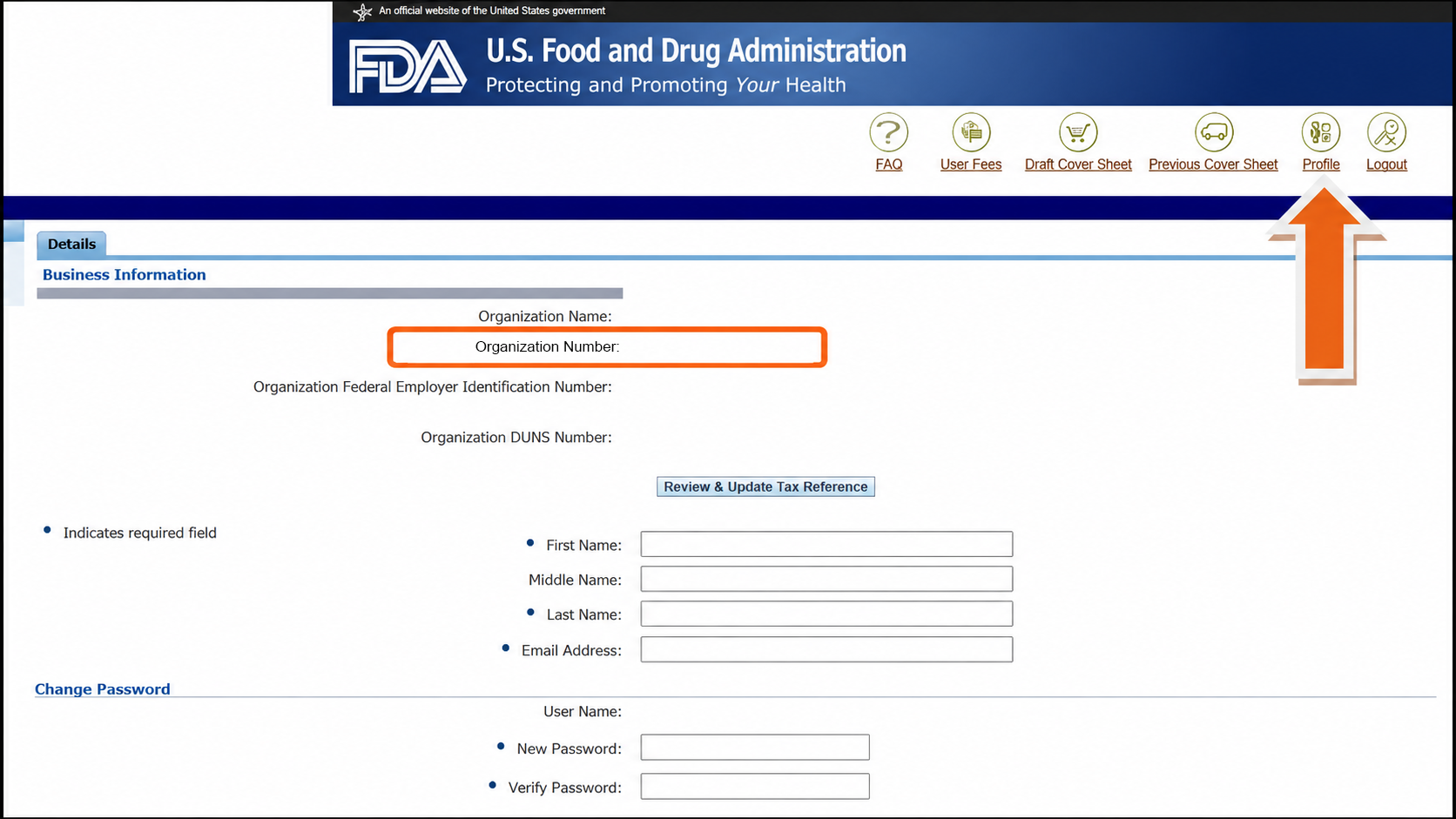 Screen shot of Organization Number