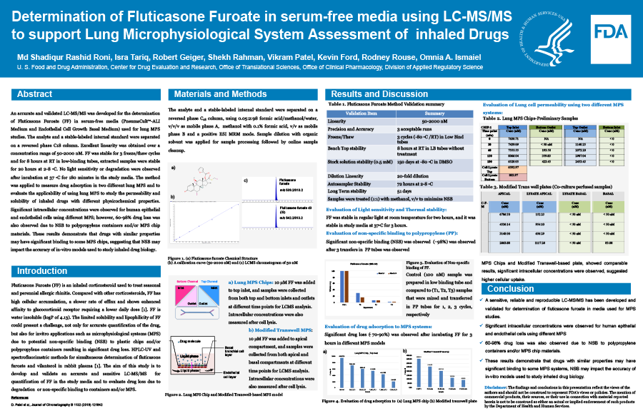 2023 Science Forum Poster Thumbnail – Determination of Fluticasone Furoate in serum-free media using LC-MS/MS to support Lung Microphysiological System Assessment of inhaled Drugs