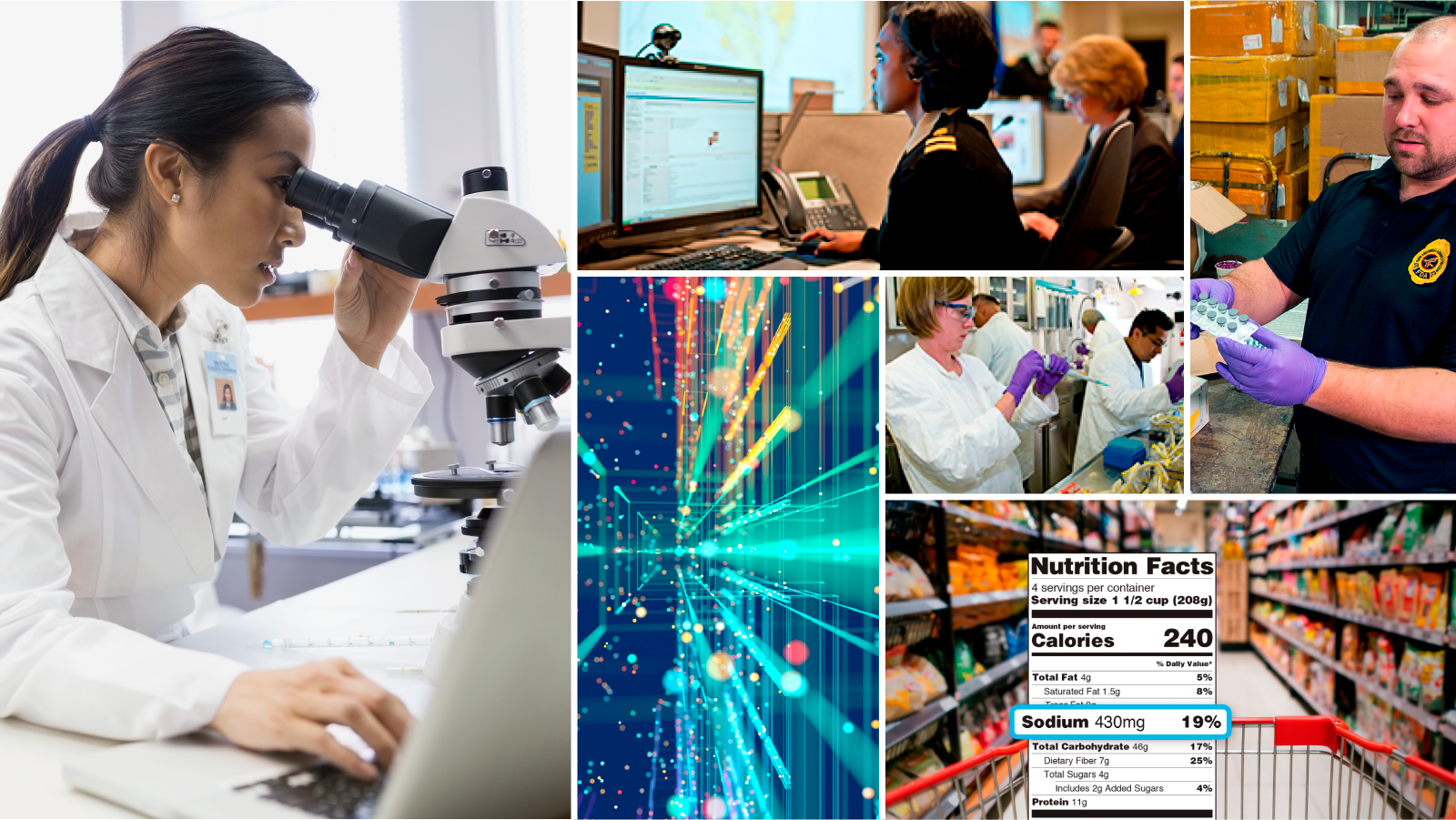 Collage of FDA images. Left image of scientist looking through microscope. Top middle image of two Public Health Service officers at computer. Top right image of FDA inspector holding confiscated drugs in warehouse. Bottom right image of grocery store aisle and overlay of nutrition label. Middle image of scientists in lab running tests. Middle bottom image of abstract technology background.