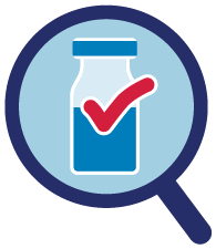 Una lupa apuntando a un frasco con una marca de verificación que representa el minucioso proceso de revisión de los biosimilares por parte de la FDA