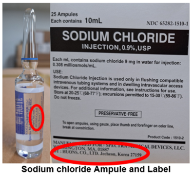  Image of an affected Sodium Chloride ampule and related labeling.