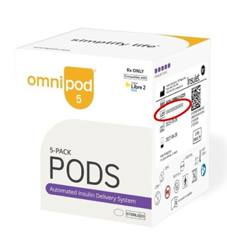Image shows box of Omnipod 5 Pods.
