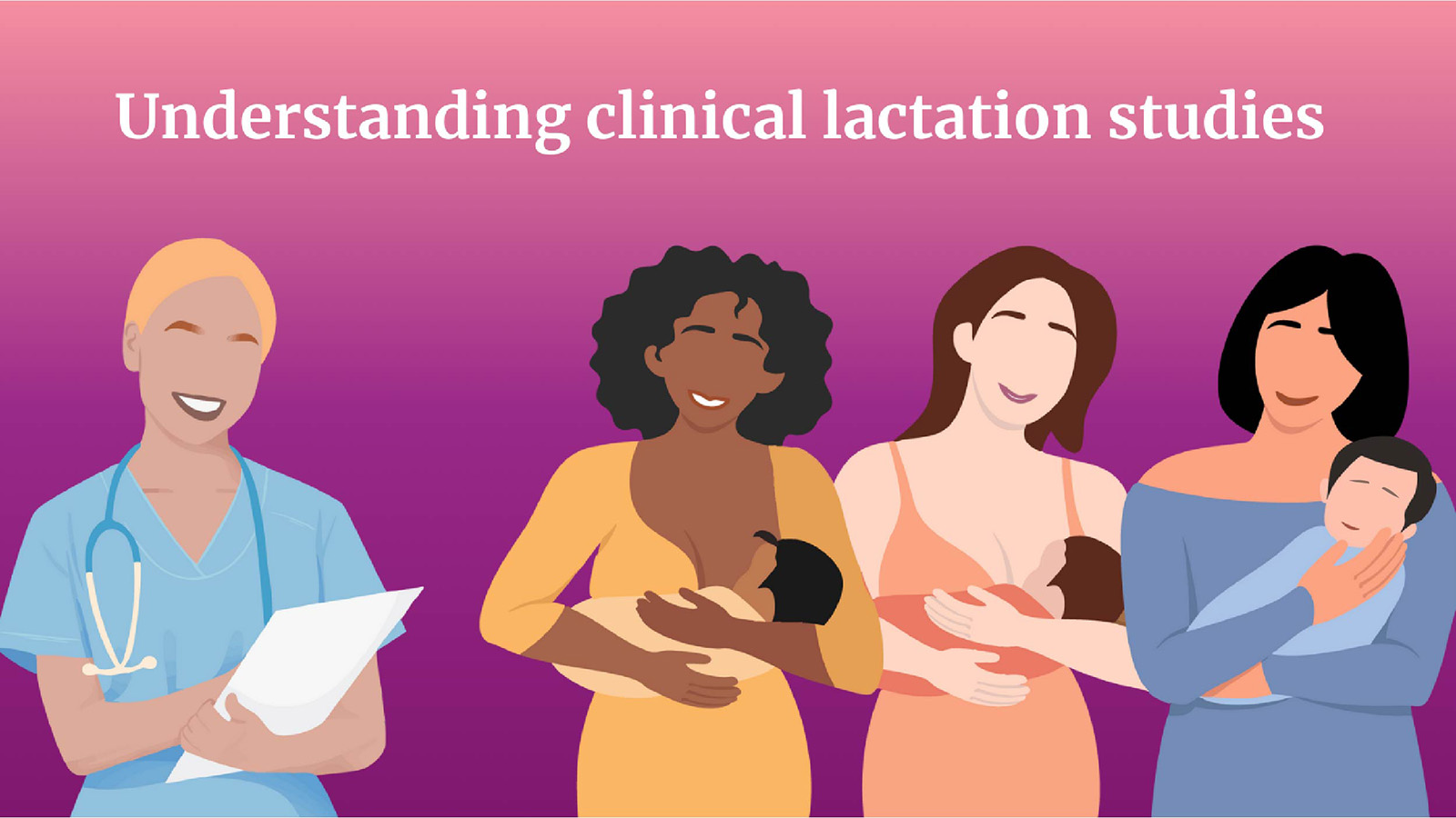 Images of health care practitioner writing on a notepad along with three diverse breastfeeding women with their infants. Text: Understanding clinical lactation studies