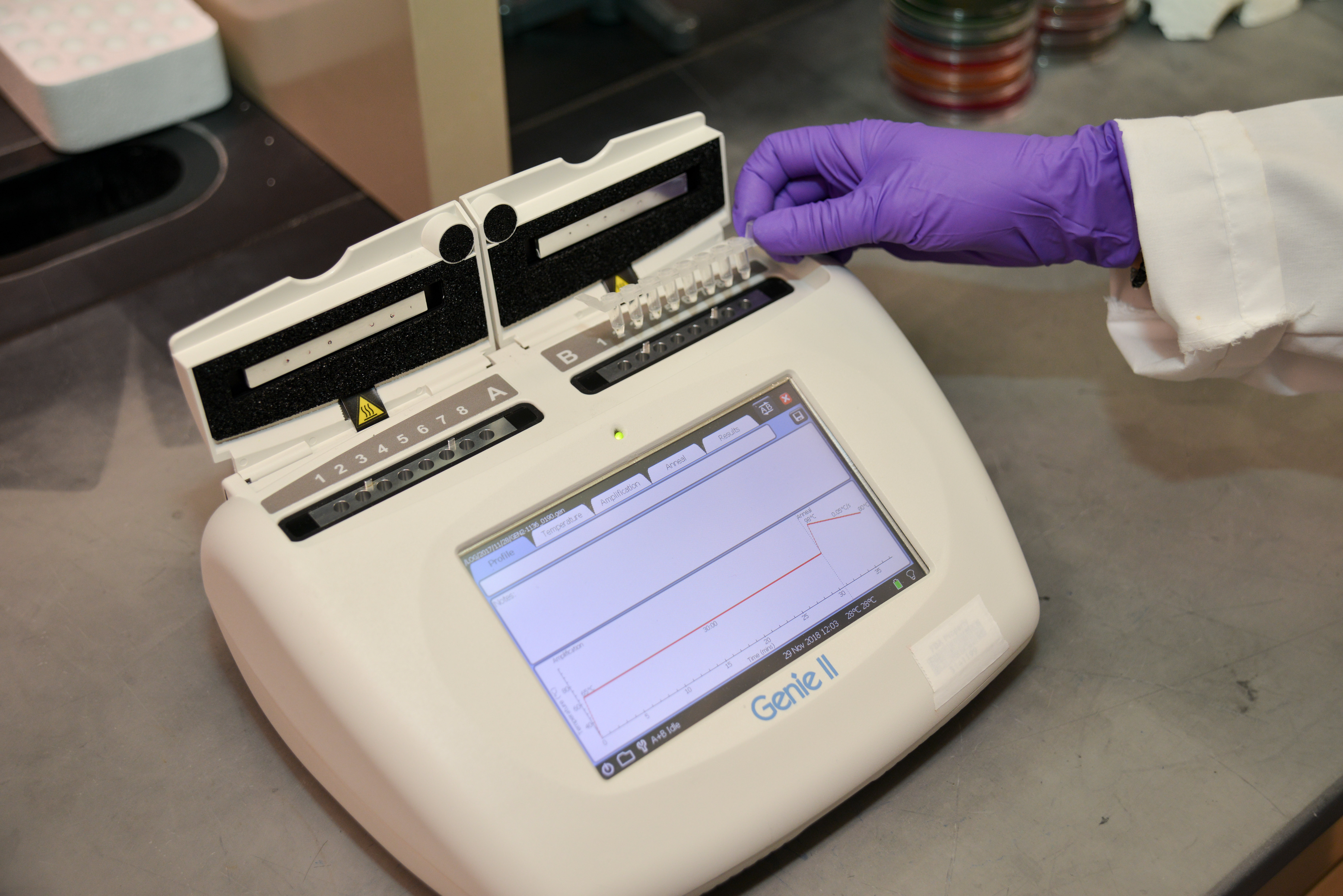 A scientist tests a group of samples using a piece of scientific equipment.