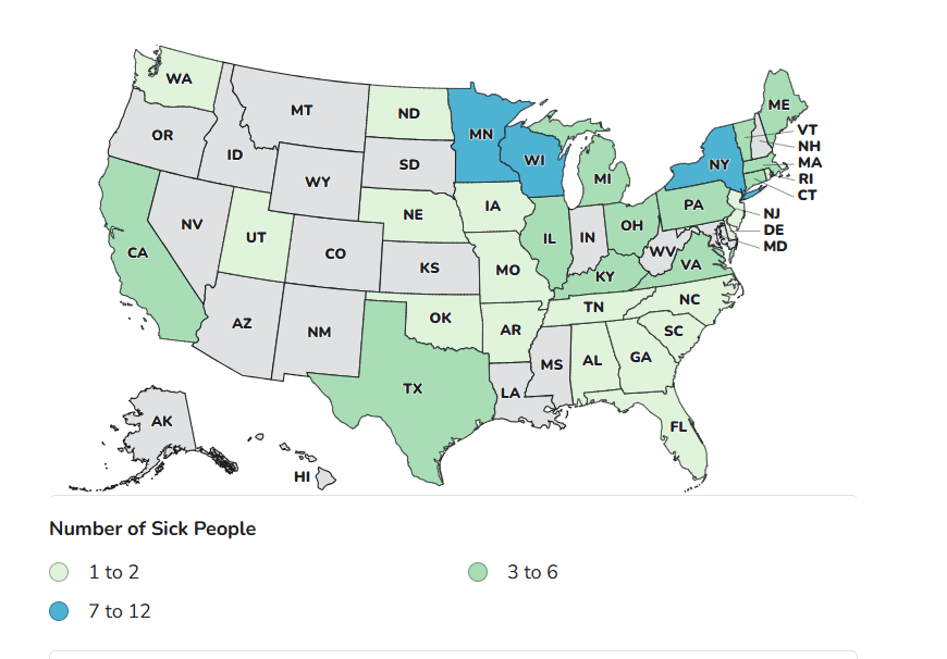 CDC case count map with cases in Alabama, California, Connecticut, Delaware, Iowa, Illinois, Kentucky, Massachusetts, Maine, Michigan, Minnesota, Missouri, North Carolina, North Dakota, Nebraska, New Jersey, New York, Ohio, Oklahoma, Pennsylvania, South Carolina, Tennessee, Texas, Utah, Virginia, Vermont, Washington, Wisconsin