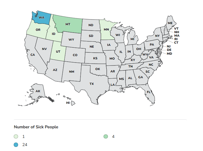 Map of the US showing cases in Idaho, Montana, Utah, and Washington.