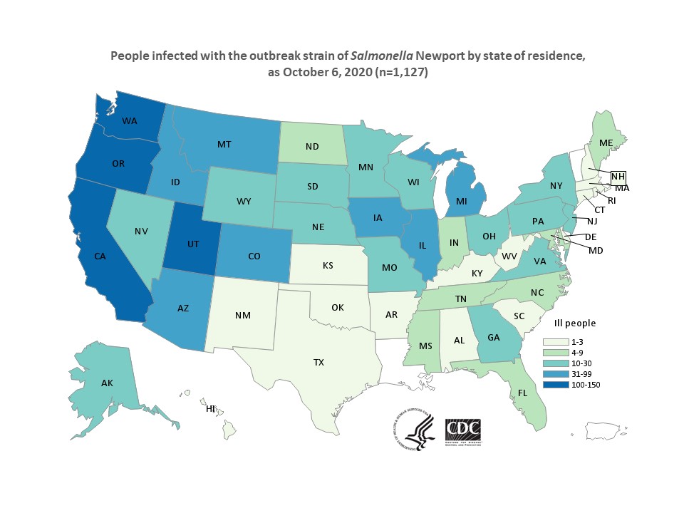 Investigación de brote de Salmonella Newport: Cebollas rojas - 6 de octubre de 2020 Mapa de recuento de casos proporcionado por los CDC