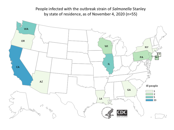 Outbreak Investigation of Salmonella Stanley in Wood Ear Mushrooms (November 2020) Case Count Map from CDC 11/4/2020