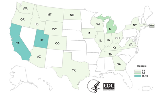 CDC Case Count Map for the Outbreak Investigation of Salmonella Related to Onions (as of December 12, 2023)