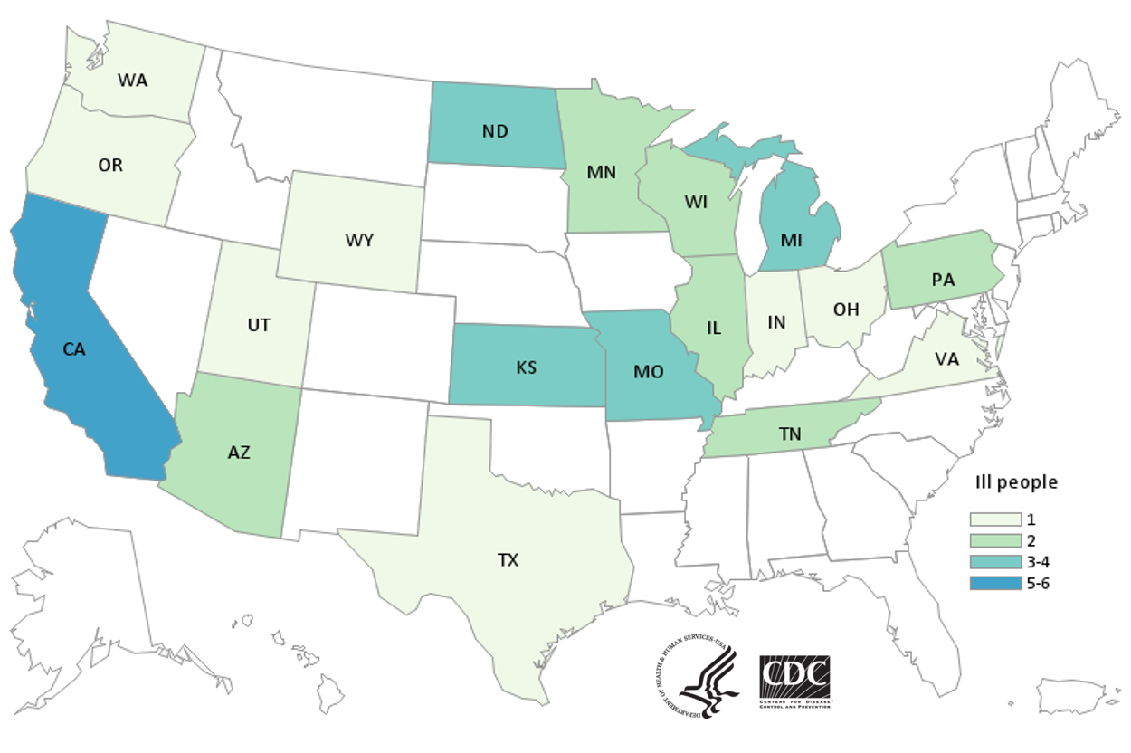 Outbreak Investigation of of E. coli in Leafy Greens (December 2020) - Case Count Map from CDC 12/22/2020