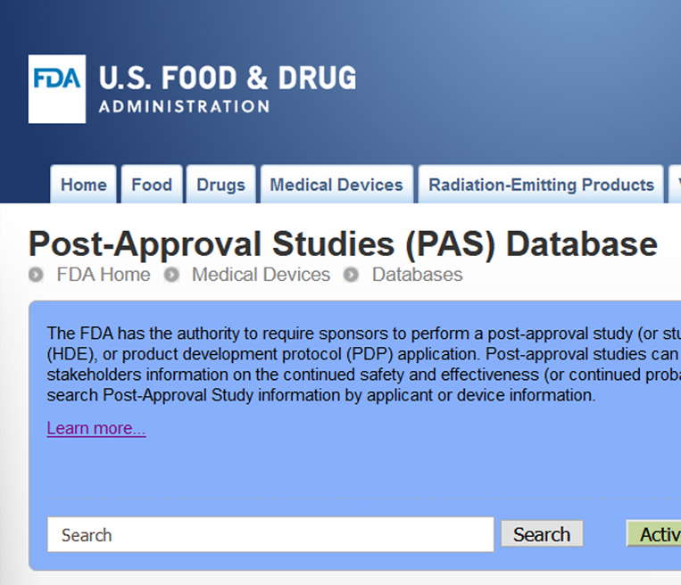 Screen shot of the Post-Approval Studies (PAS) database page on FDA.gov