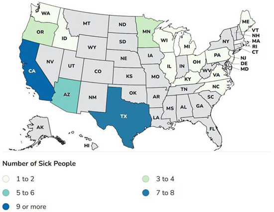 CDC case count map with cases in Arizona, California (2), Illinois (2), Kentucky, Michigan, Minnesota, New Jersey, North Carolina, Oregon, Pennsylvania, Rhode Island, and Texas (2)