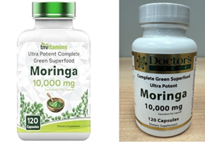 On the left: A bottle of Why Not Natural brand "Pure Organic Moringa." On the right: A pouch of Live it Up brand "Super Greens."