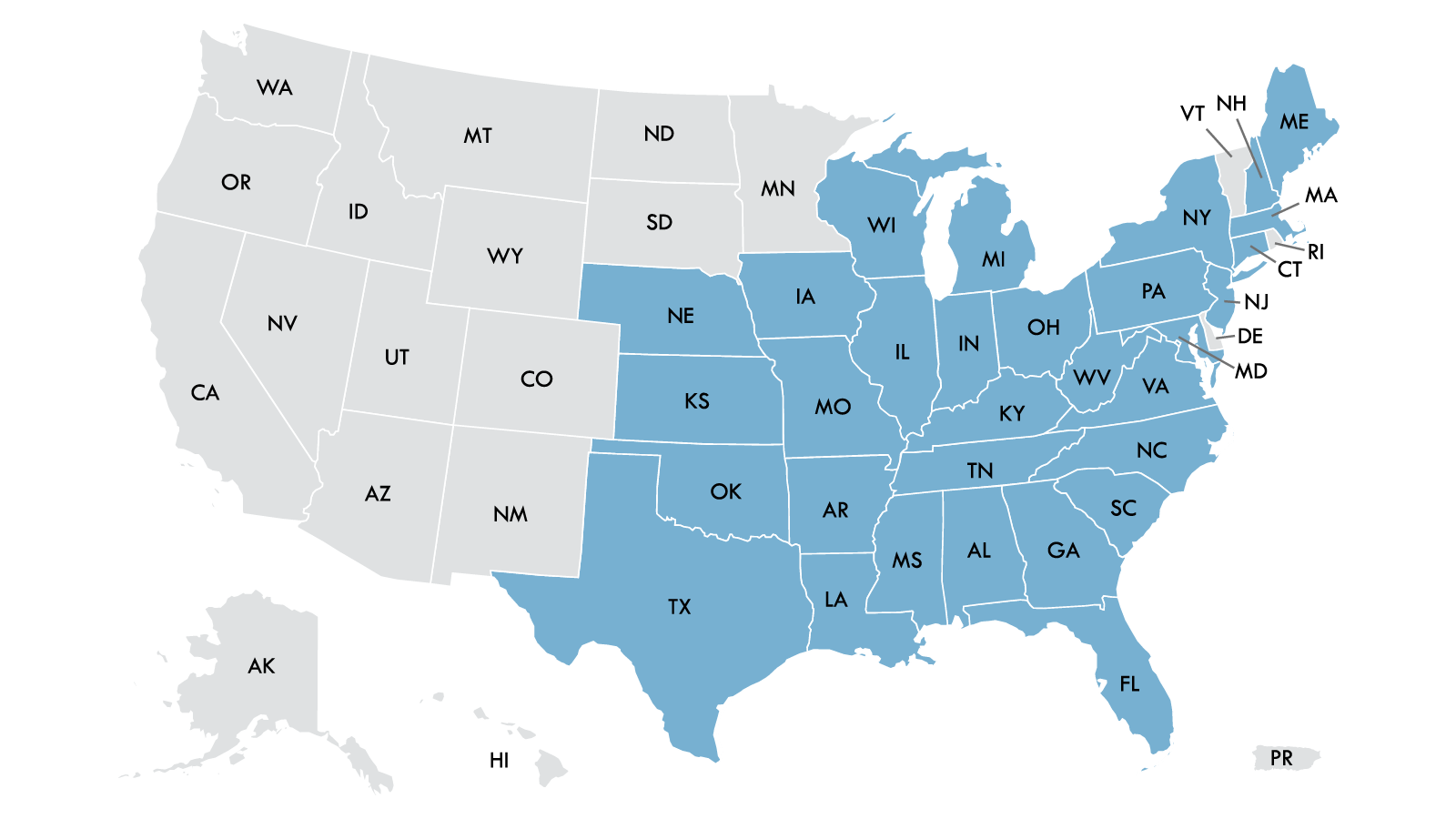 A choropleth map of the United States showing the distribution area of a recalled product. States shaded in blue received the recalled product and include: Alabama, Arkansas, Connecticut, Florida, Georgia, Iowa, Illinois, Indiana, Kansas, Kentucky, Louisiana, Massachusetts, Maryland, Maine, Michigan, Missouri, Mississippi, North Carolina, Nebraska, New Hampshire, New Jersey, New York, Ohio, Oklahoma, Pennsylvania, South Carolina, Tennessee, Texas