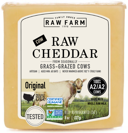 8 oz (227g) RAW FARM RAW CHEDDAR FROM SEASONALLY GRASS-GRAZED COWS   ARTISAN | AGED MIN. 60 DAYS | NEVER WARMED ABOVE 102°F (TRULY RAW). 100% A2/A2 COWS. TESTED. PROUDLY MADE IN USA. CERTIFIED HUMANE: RAISED & HANDLED. NON-GMO Project VERIFIED. MADE WITH WHOLE RAW MILK. KEEP REFRIGERATED (36°).  