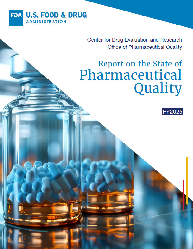 Photograph showcasing pills inside of a bottle and the words "Report on the State of Pharmaceutical Quality"