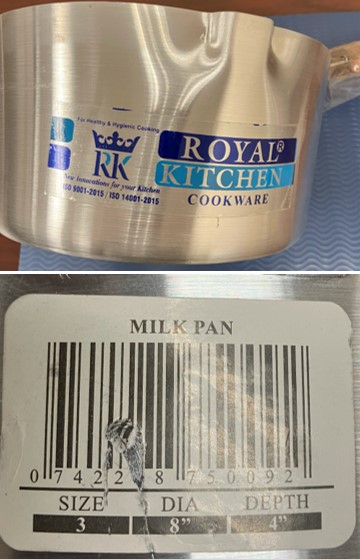 Image of metal milk pan with label-Royal Kitchen Cookware Milk Pan – size 3 