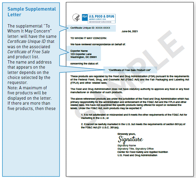 Sample Food Export Certificate of Free Sale Supplemental Letter