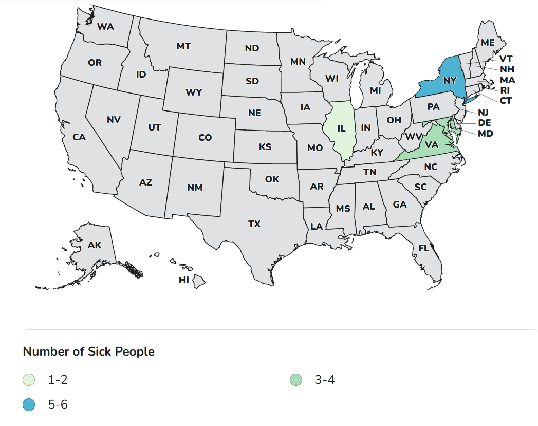 A map of the United States showing the number of sick people by state. Most states are shaded gray, indicating no reported cases. Cases have been reported in three states — Illinois (IL), Maryland (MD), New York (NY), and Virginia (VA)
