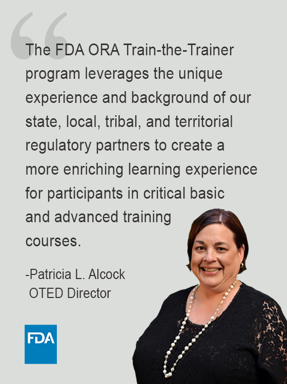 Photo of Pat Alcock and FDA logo with text of quote
