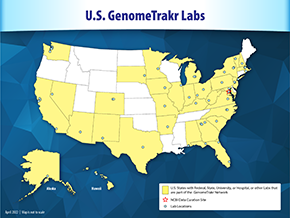 United States map showing states that have GenomeTrakr network labs.  The locations of individuals labs are shows with a light blue circle.  There are 58 GenomeTrakr labs located across 34 states.