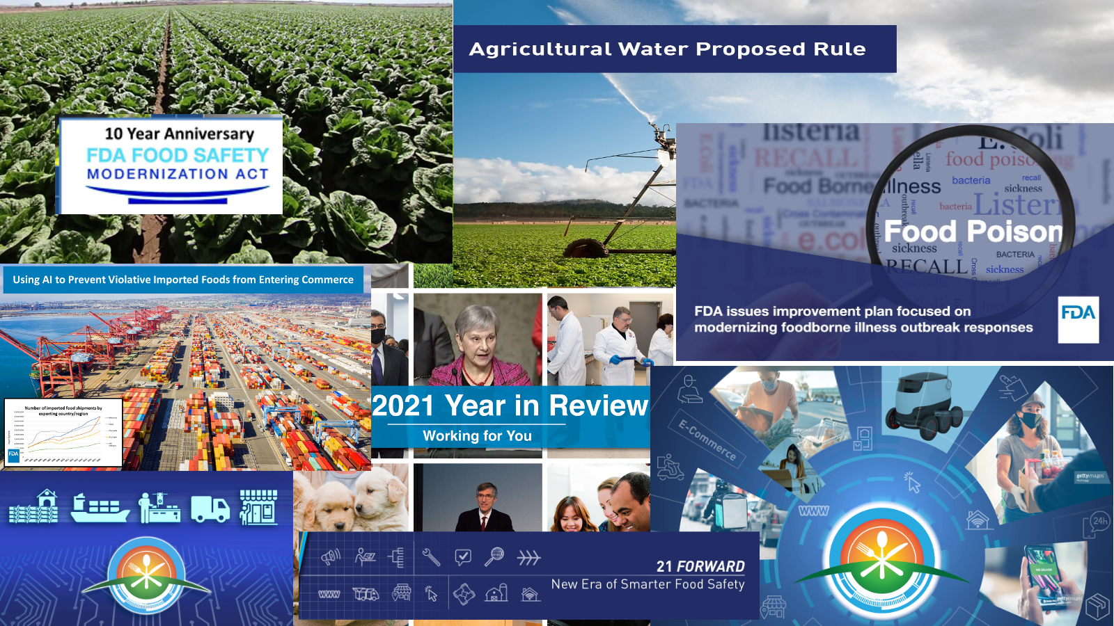 What FDA’s Foods Program Achieved in 2021 to Protect Consumers and the Food Supply Collage of various screen shots of FDA's food program accomplishments